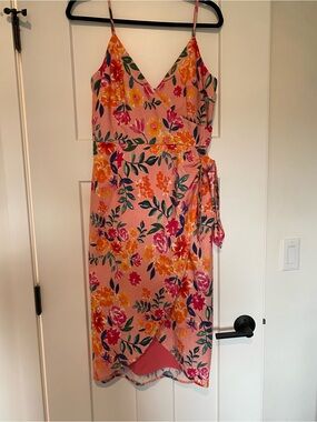 Lovers + Friends Pink Floral Wrap Midi with Orange and Green Accents
